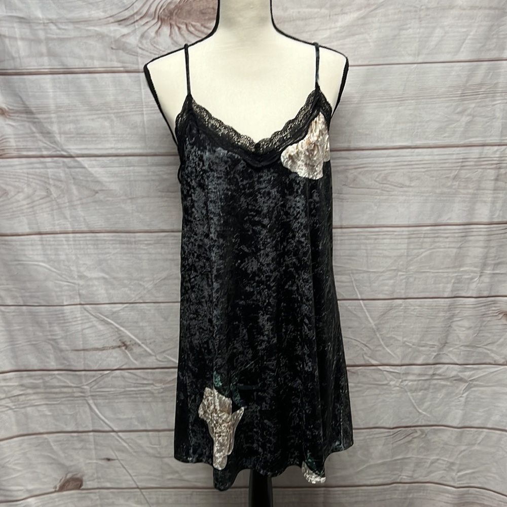 Nude Black Slip Dress with Flowers and Lace - Medium